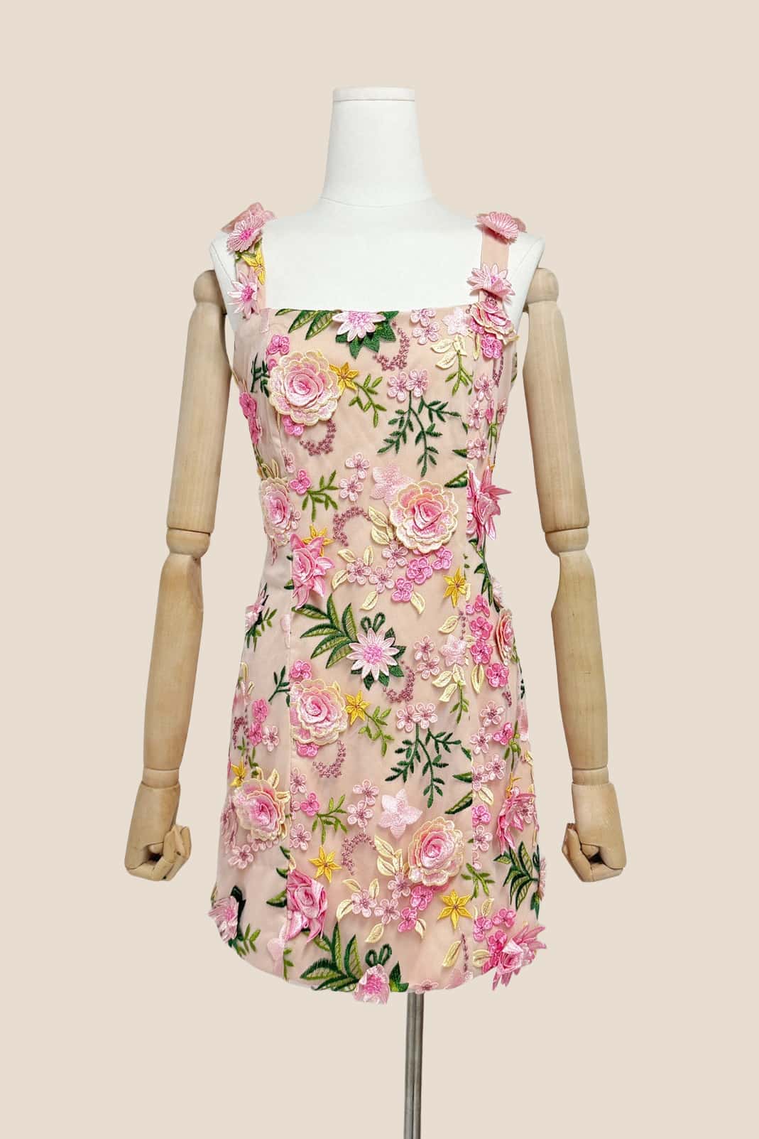 Square Neck Pink 3D Floral A-line Short Dress