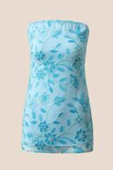 Blue Beaded Strapless Fitted Short Dress