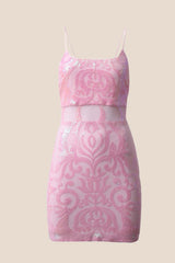 Straps Pink Sequin Embroidered Fitted Short Dress