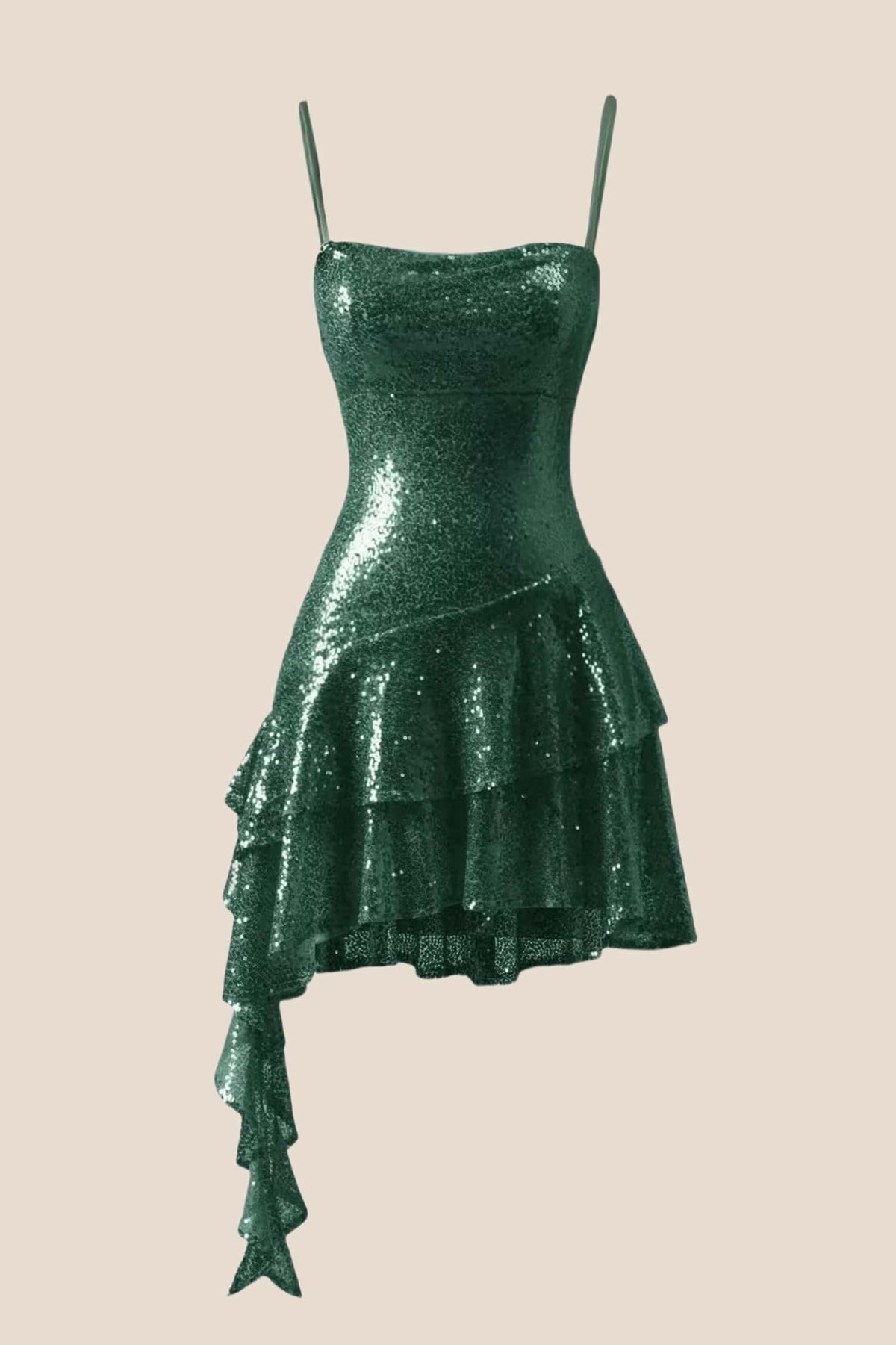 Straps Dark Green Sequin Ruffle A-line Dress
