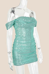 Off the Shoulder Sage Green Sequin Fitted Short Dress