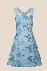 Blue Sequin Embroidery A-line Short Dress