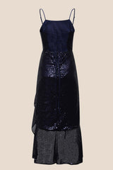 Navy Blue Sequin Cowl Neck Frill Dress