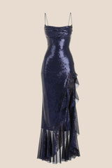 Navy Blue Sequin Cowl Neck Frill Dress