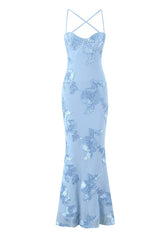 Blue Embroidered Fitted Straps Dress
