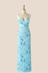 Blue Beaded Straps Fitted Long Dress