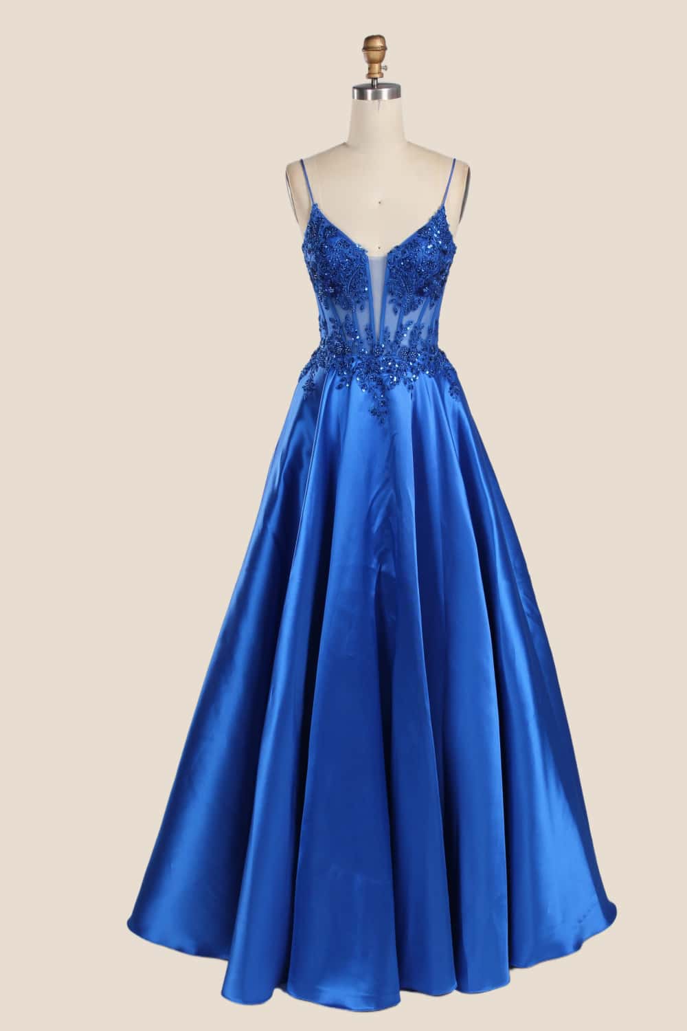 Royal Blue Straps Appliques Satin A-line Gown