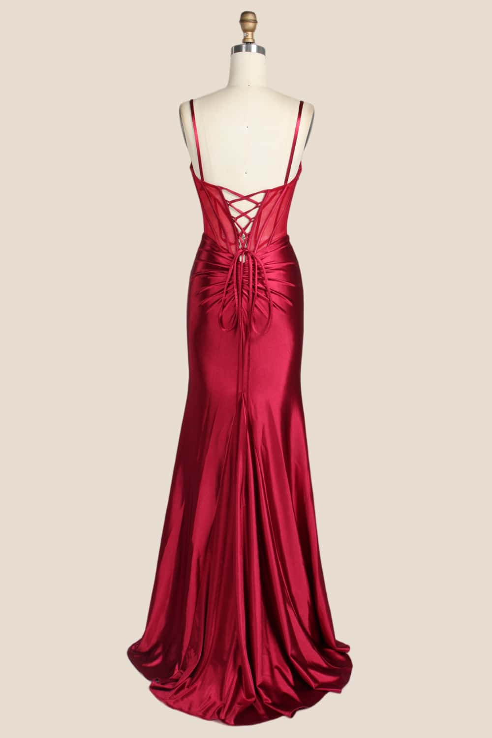 Pink Beaded Ruched Satin Fitted Formal Dress