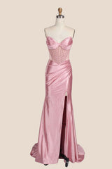 Pink Beaded Ruched Satin Fitted Formal Dress
