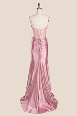 Pink Beaded Ruched Satin Fitted Formal Dress