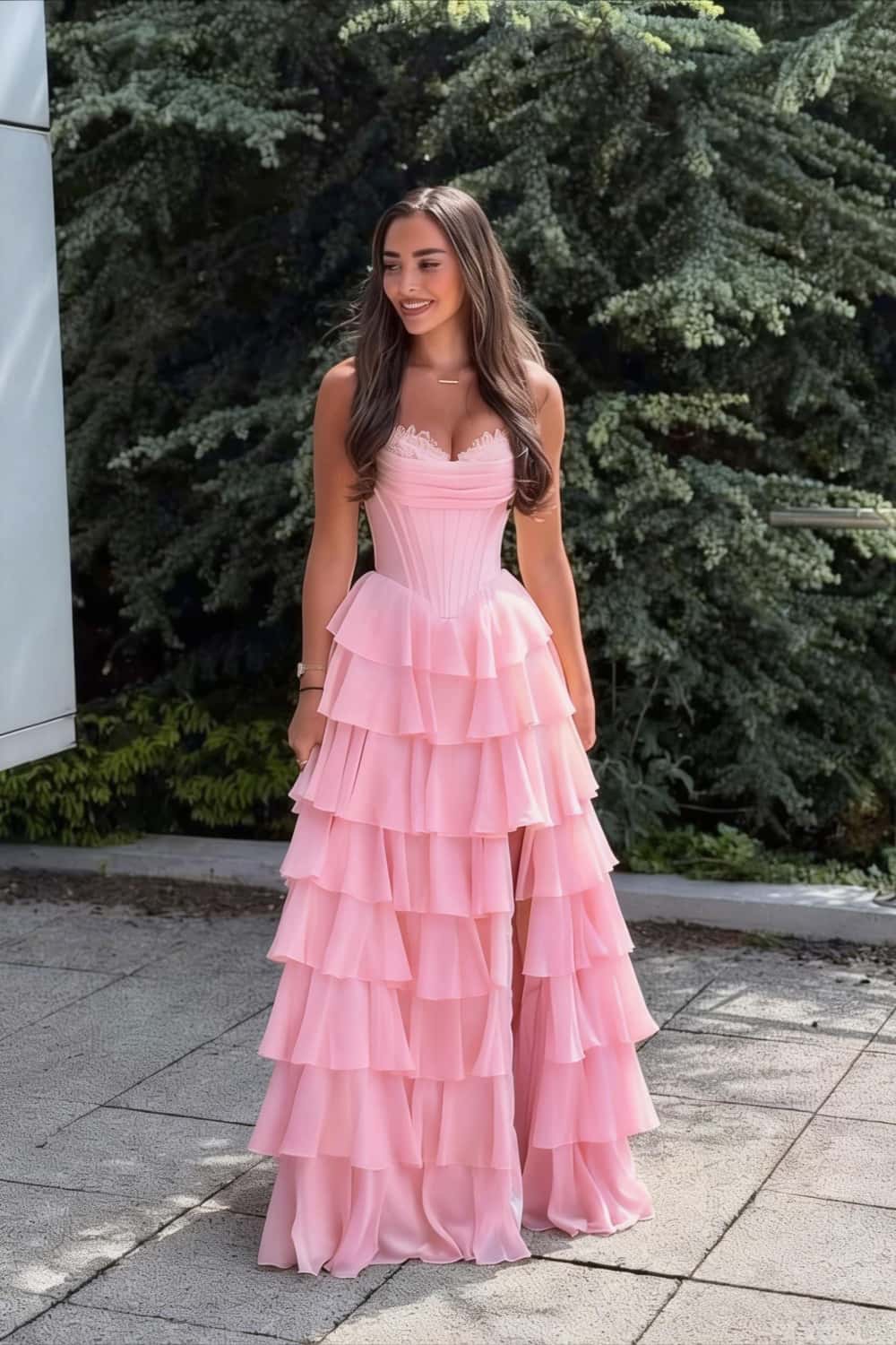 Pink Corset Chiffon Tiered Formal Gown