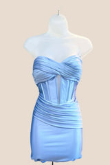 Light Blue Ruched Tight Short Dress