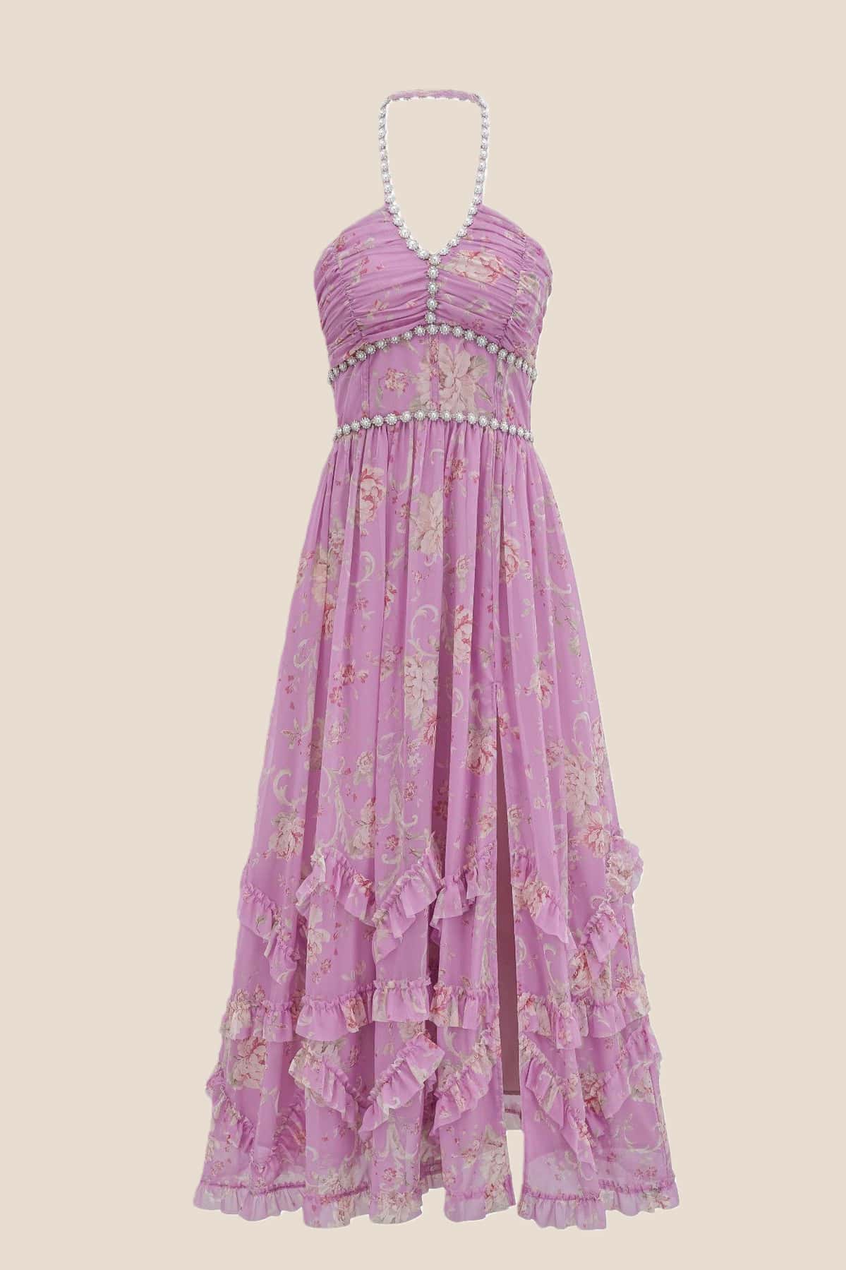 Pearls Halter Purple Floral Chiffon Long Dress