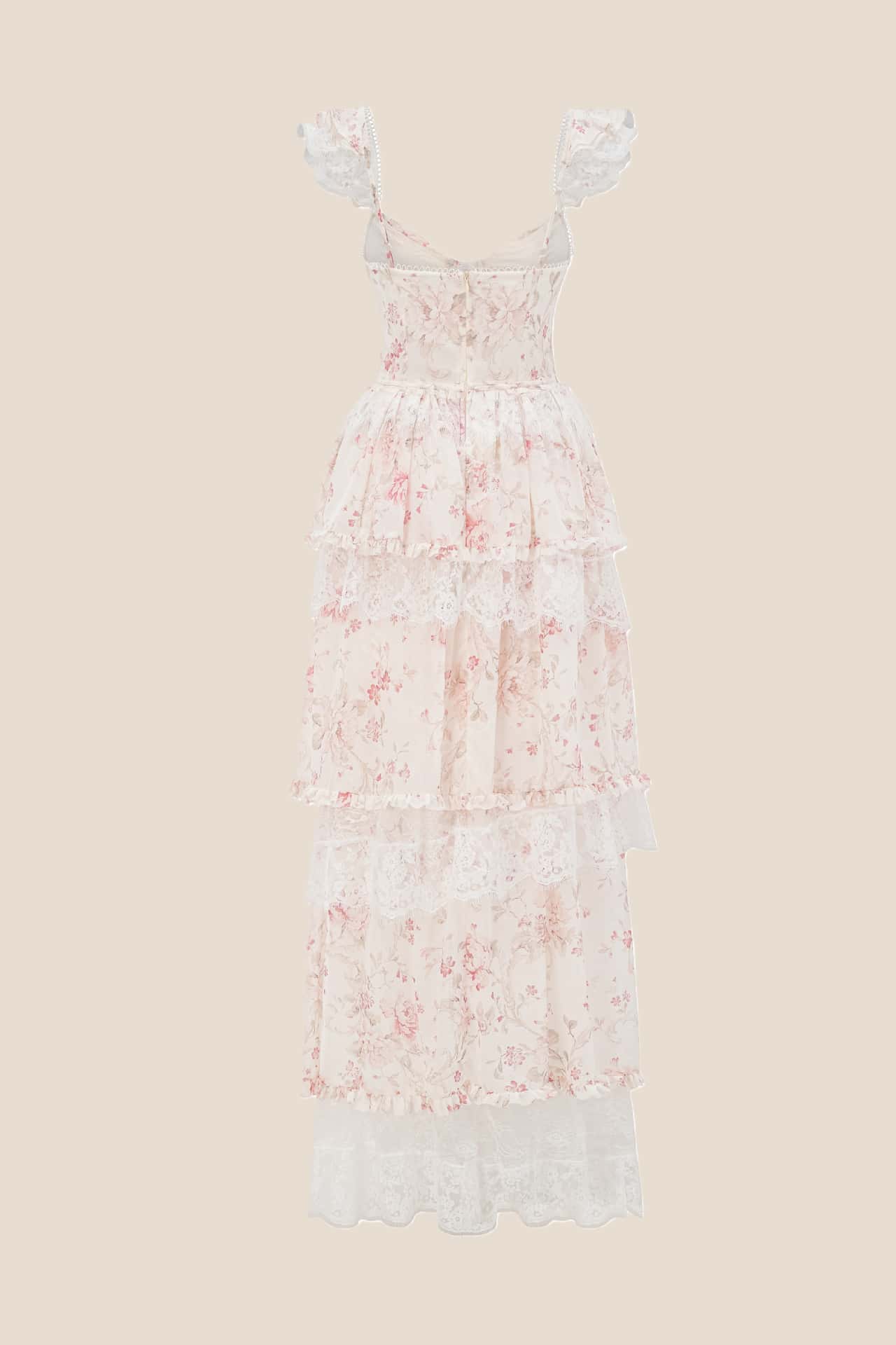 Pink Floral Lace Ruffle Straps Tiered Dress