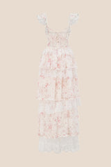 Pink Floral Lace Ruffle Straps Tiered Dress