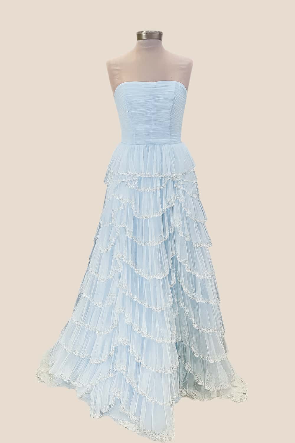Light Blue Tulle Ruffle A-line Gown