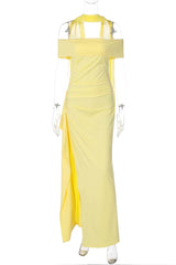 Off the Shoulder Yellow Slit Dress