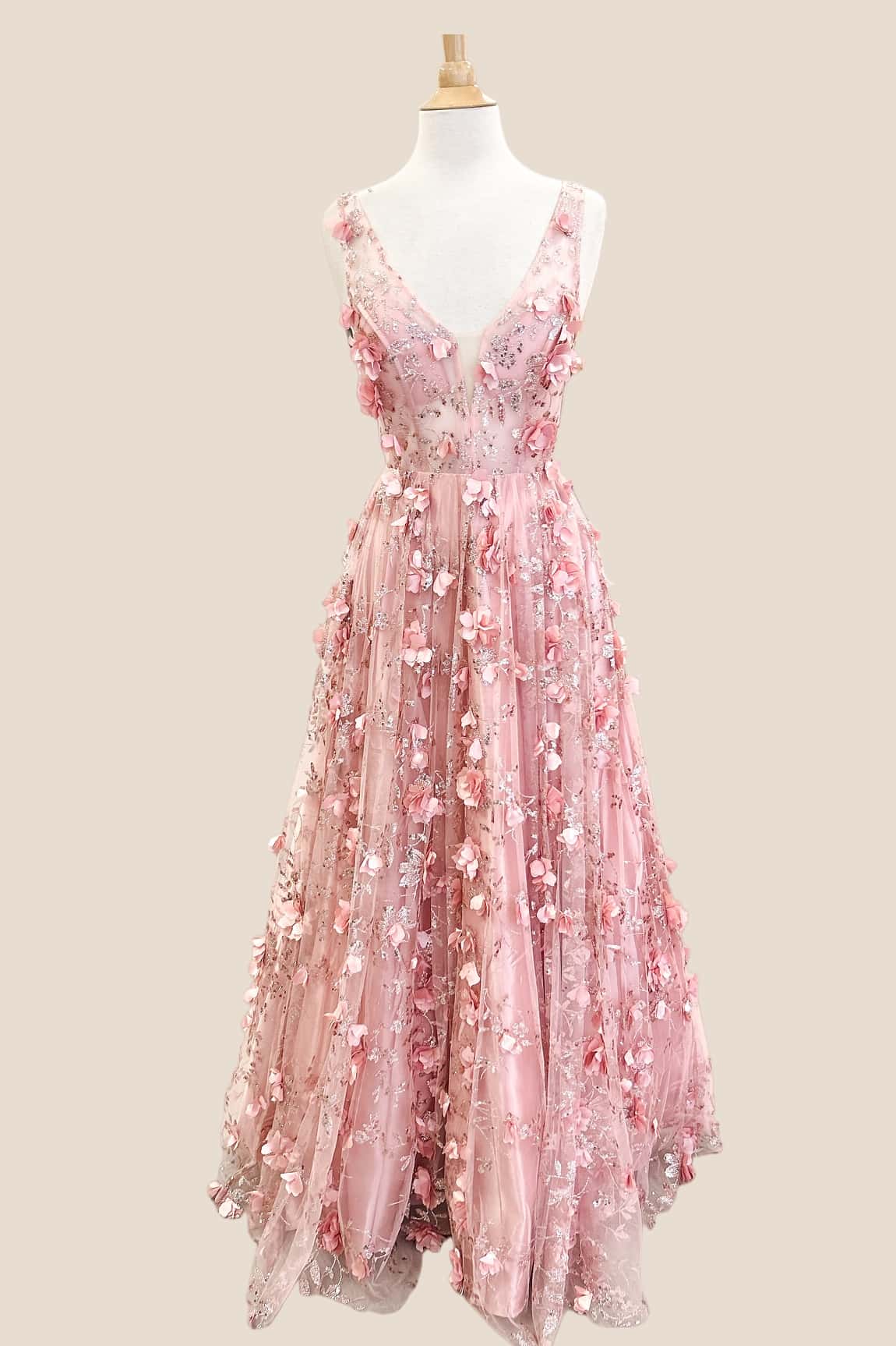 Pink 3D Floral A-line Long Princess Dress