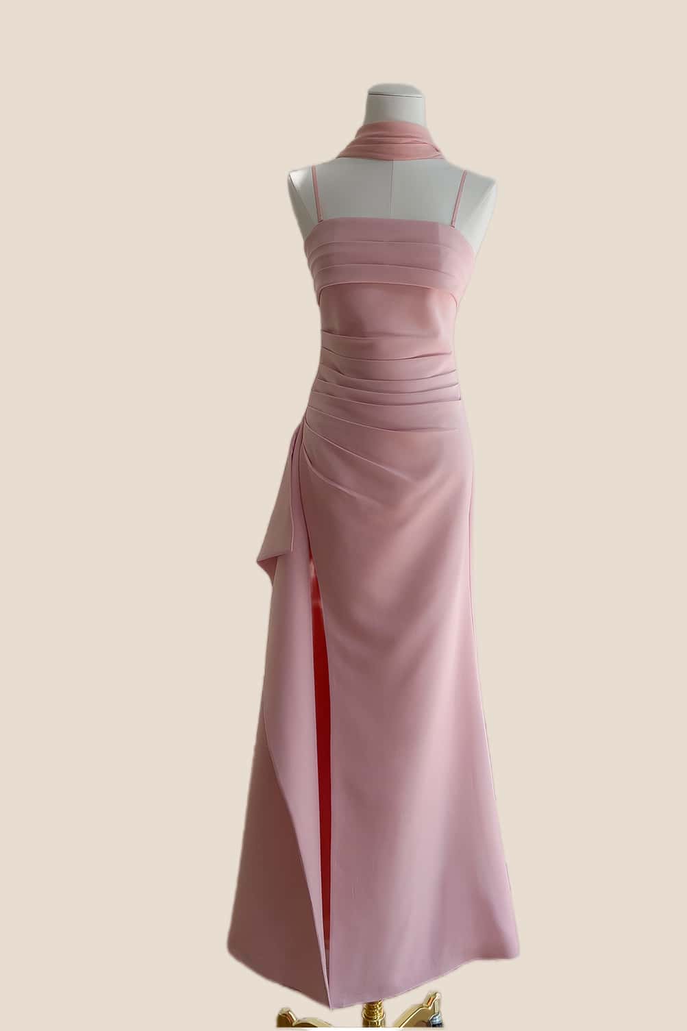 Pink Straps Ruched Frill Long Dress