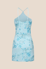 Blue Halter Beaded Fitted Short Dress