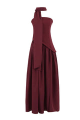 Burgundy Crepe Bodice Gathered Long Dress
