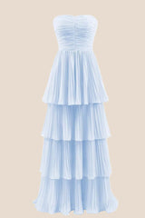 Blue Chiffon Pleated A-line Tiered Maxi Dress