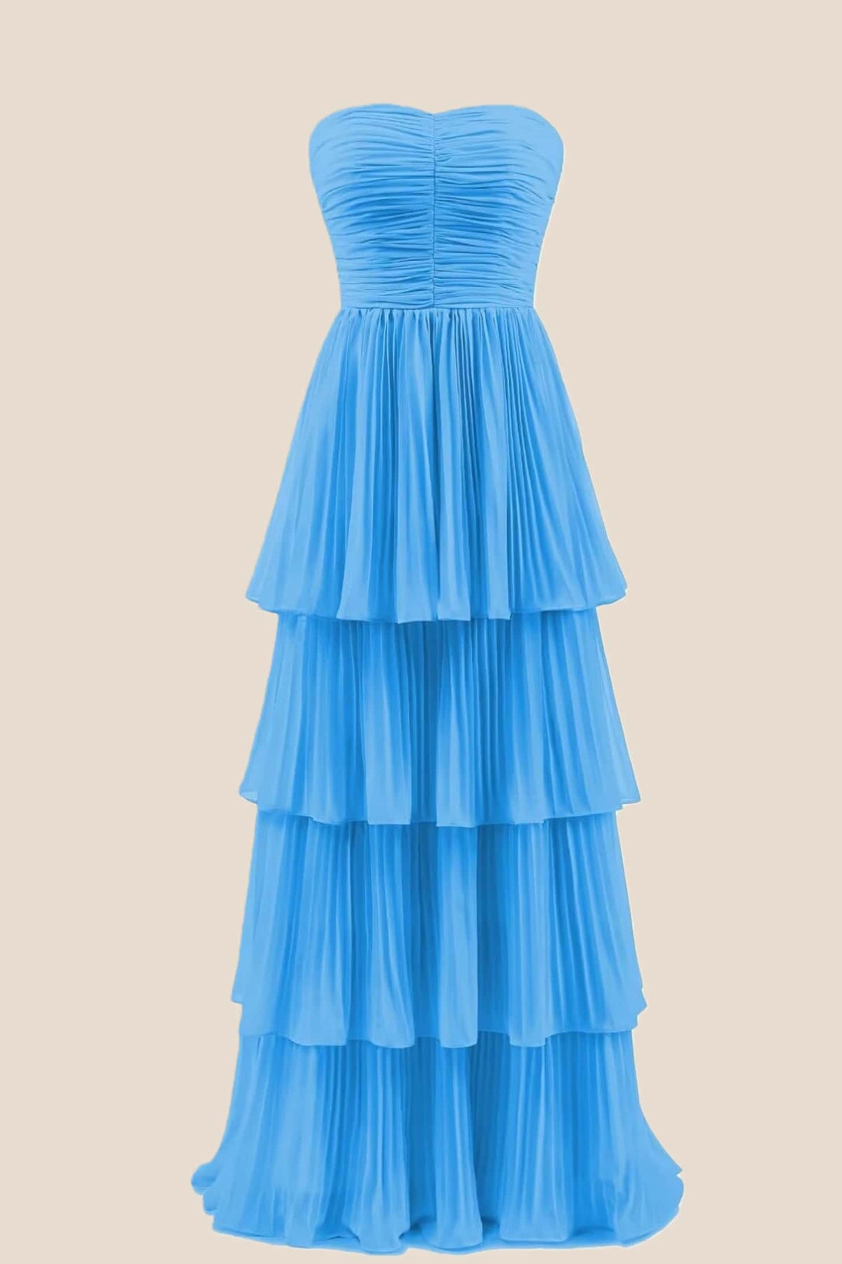 Blue Chiffon Pleated A-line Tiered Maxi Dress