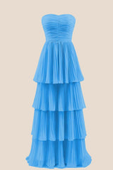 Blue Chiffon Pleated A-line Tiered Maxi Dress