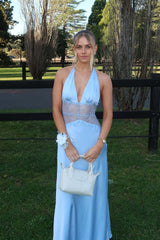 Blue Halter Sheer Plunge Long Maxi Dress