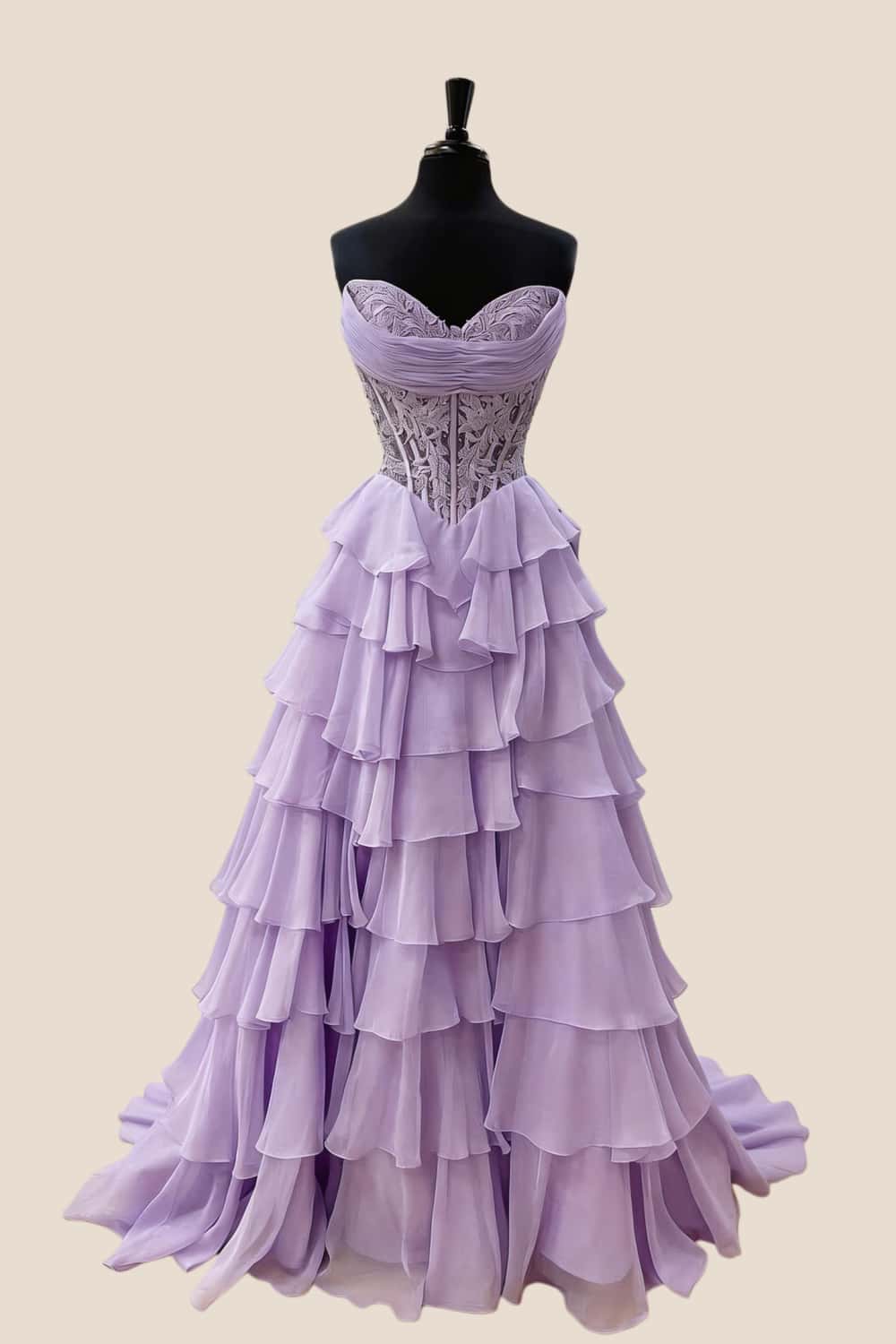 Lavender Lace Corset Chiffon Ruffle Long Dress