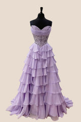 Lavender Lace Corset Chiffon Ruffle Long Dress