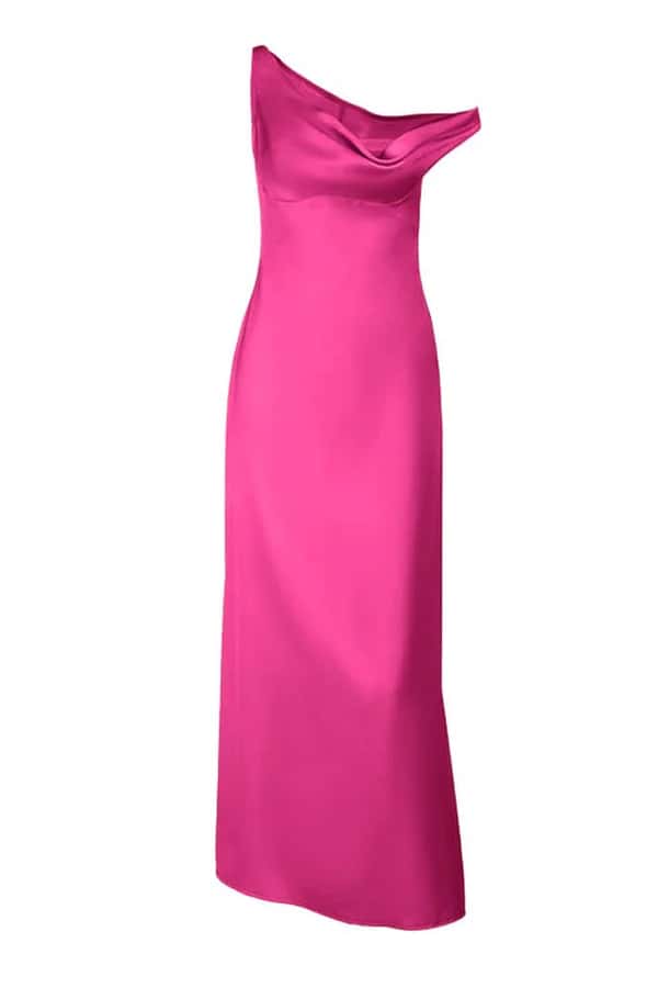 One Shoulder Fuchsia Satin Fitted Long Maxi Dress