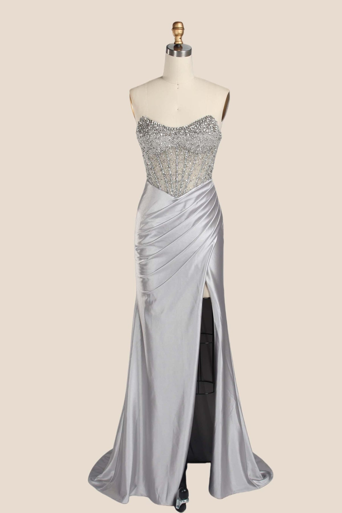 Rhinestones Silver Satin Ruched Fitted Long Formal Dress