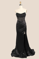 Rhinestones Black Satin Ruched Slit Long Dress