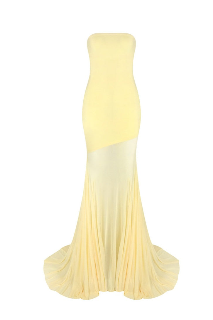 Strapless Yellow Mesh Mermaid Long Dress