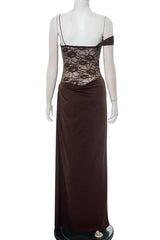 One Shoulder Brown Sheer Lace Ruched Long Dress