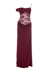One Shoulder Brown Sheer Lace Ruched Long Dress