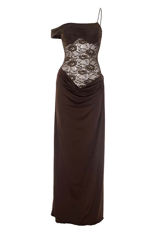 One Shoulder Brown Sheer Lace Ruched Long Dress