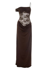 One Shoulder Brown Sheer Lace Ruched Long Dress