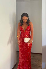 Sexy Plunge Red Sequin Fitted Long Party Dress