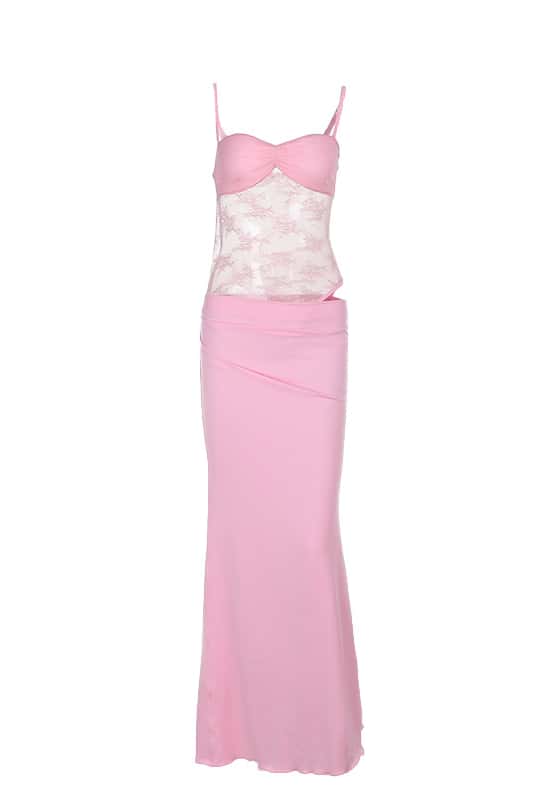 Pink Straps Cutout Ruched Fitted Long Dress