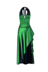 Halter Navy Blue Satin Frill Long Dress