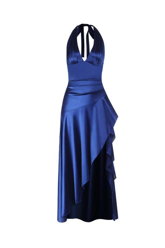 Halter Navy Blue Satin Frill Long Dress