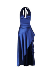 Halter Navy Blue Satin Frill Long Dress