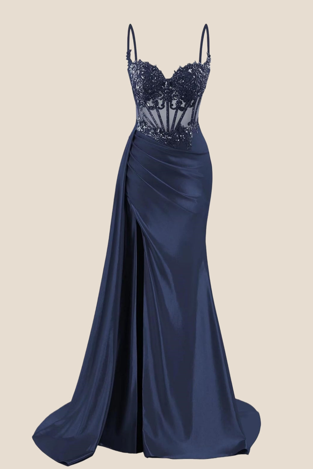 Navy Blue Corset Ruched Satin Prom Dress