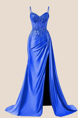 Beaded Navy Blue Satin Ruched Long Prom Dress