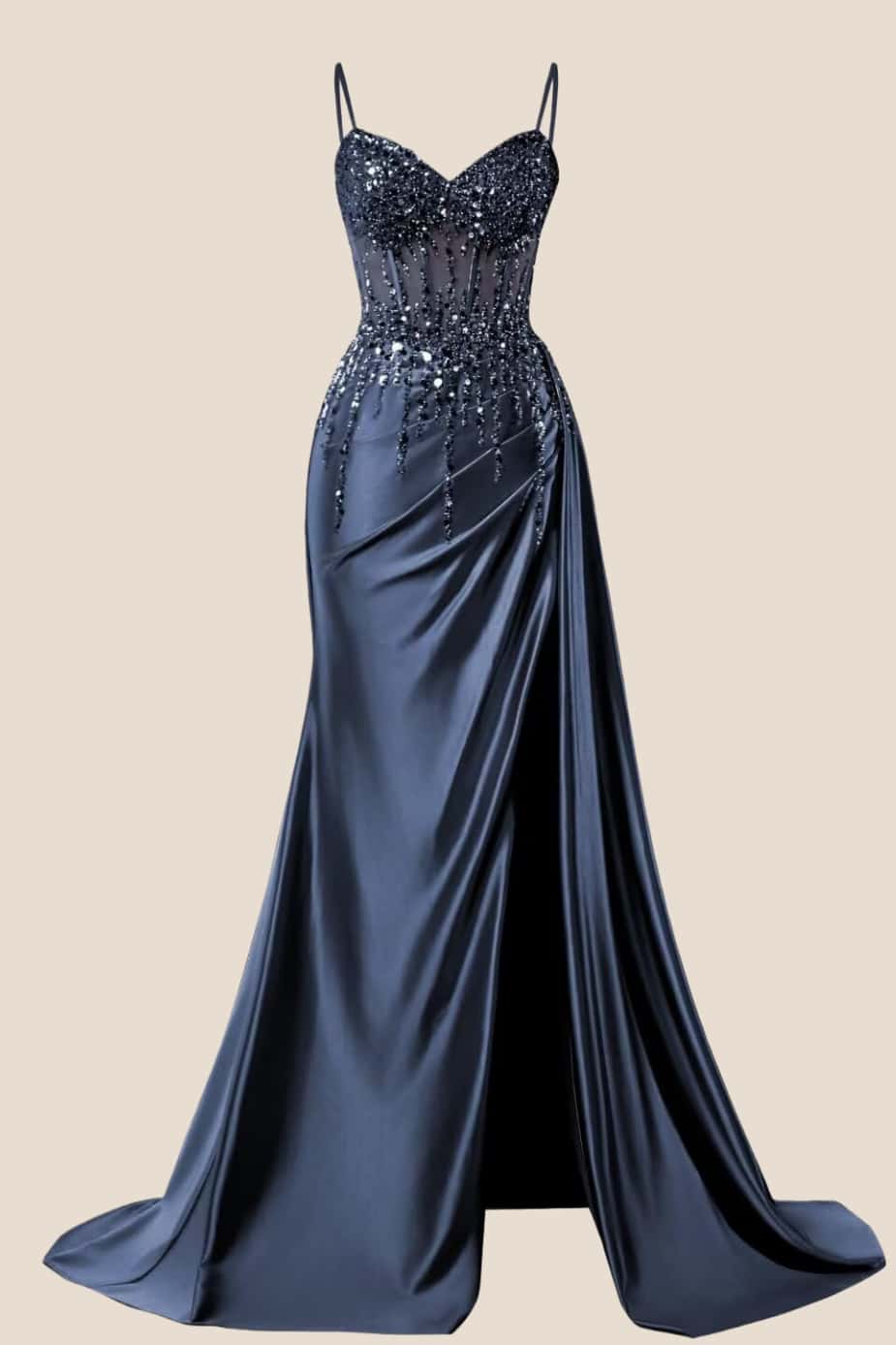 Beaded Navy Blue Satin Ruched Long Prom Dress