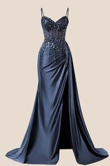 Beaded Navy Blue Satin Ruched Long Prom Dress
