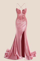 Blush Pink Beaded Ruched Satin Long Prom Dress