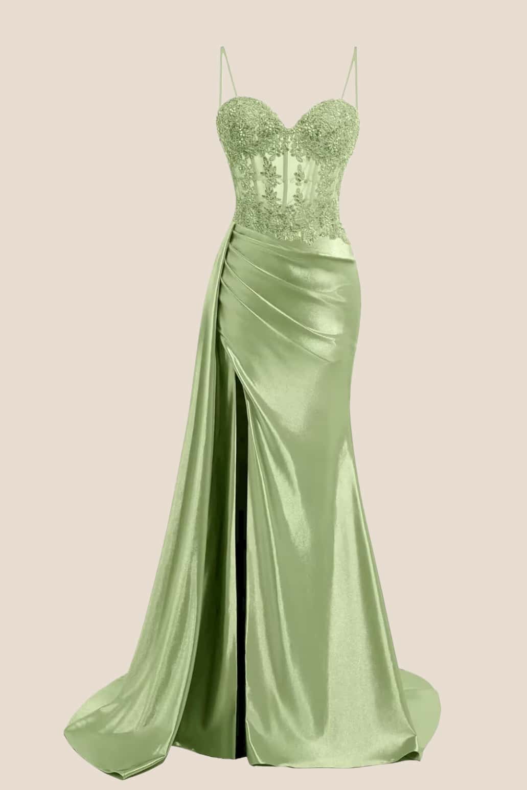 Sage Sheer Appliques Satin Long Prom Dress with Train